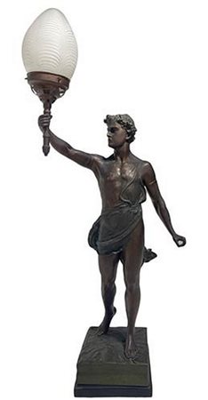 Statua in antimonio raffigurante giovane con torcia. H totale cm 94.