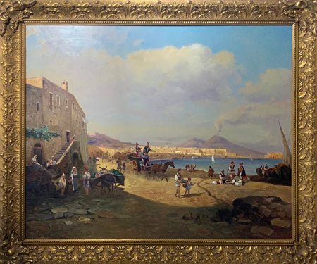 Dipinto ad olio su tela raffigurante veduta del Vesuvio e del golfo di Napoli...