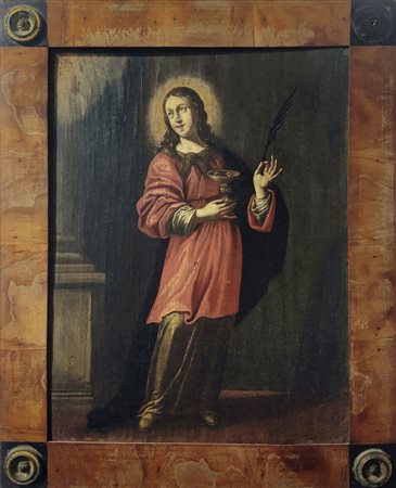 Dipinto ad olio su tavola raffigurante Santa Lucia, XVIII secolo. Cm 30x23....