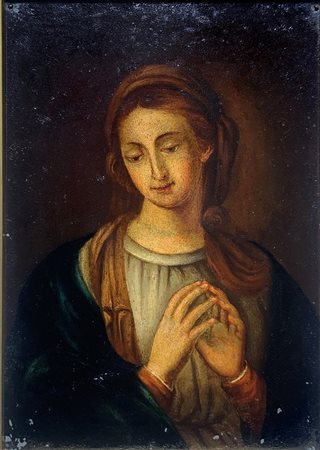 Dipinto ad olio su rame applicato su tavola raffigurante Madonna in...