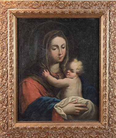 Maestro del XVIII secolo "Madonna con Bambino". Olio su tela. Cm 58,5x47.