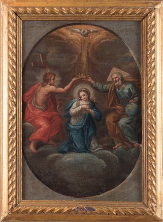 Maestro del XVIII secolo "Madonna in gloria". Olio su tela. Cm 34x23.