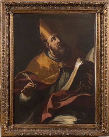 Maestro lombardo del XVIII secolo "Santo Vescovo". Olio su tela. Cm 97x71.