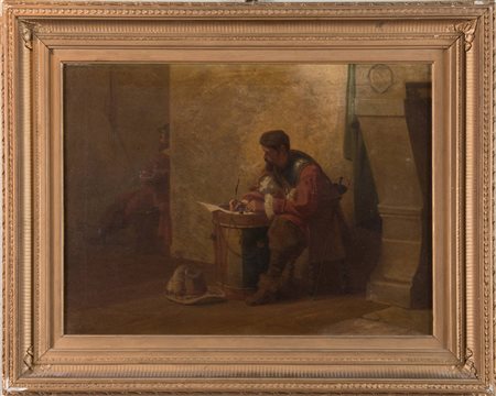 Maestro del XIX secolo "Interno di guardia" Olio su tela. Cm 38x51.