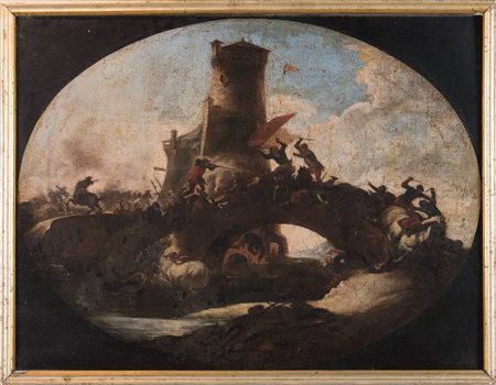 Maestro del XVIII secolo "Scena di battaglia". Olio su tela. Cm 47x63.