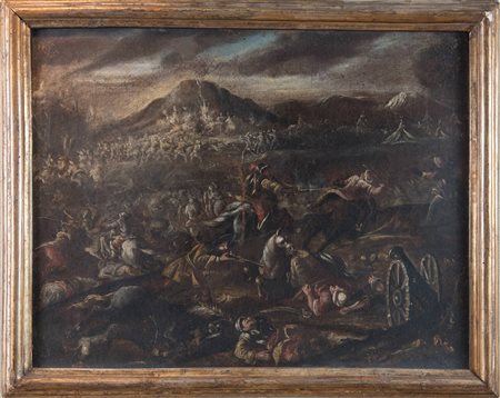 Maestro del XVII secolo "Scena di battaglia". Olio su tela. Cm 53x67,5.