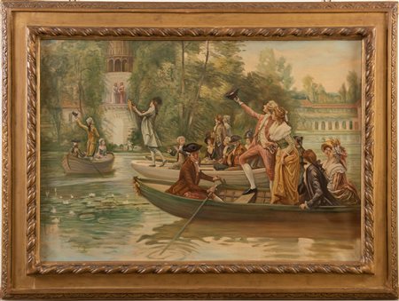 Pittore anonimo del XX secolo. "Gita in barca". Olio su tela. Cm 87x123,5.