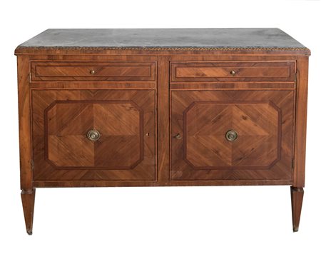 Credenza lastronata in noce, ciliegio, con filettature in acero ebano e bois...