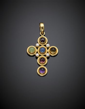 FOPE
Croce pendente in oro giallo con gemme varie cabochon, g 11,70 circa, lung