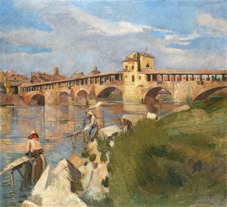 Mario Acerbi "Pavia, lavandaie sul Ticino" 
olio su tela (cm 75x82)
Firmato in b