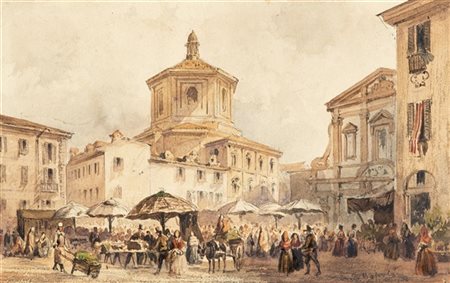 Carlo Bossoli "Il mercato di Piazza Santo Stefano" 
acquerello su carta (cm 14x2