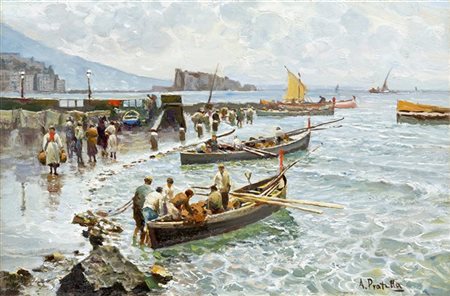 Attilio Pratella "Banchina e barche a Via Caracciolo. Napoli" olio su compensato (cm 23x34,5)Firmato