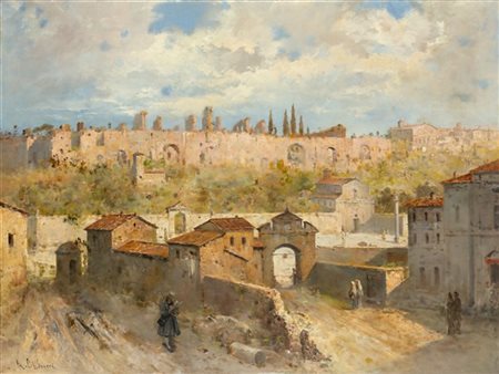 Augusto Alberici "Veduta di Roma da Via Nuova con le Terme di Caracalla sullo sfondo" olio su tela (cm 93,5x126)Firmato in b