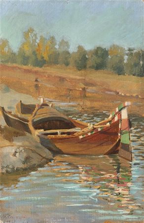 Cesare Tallone "Barche sul Serio" 1909
olio su tavola (cm 24,5x16)
Firmato e dat