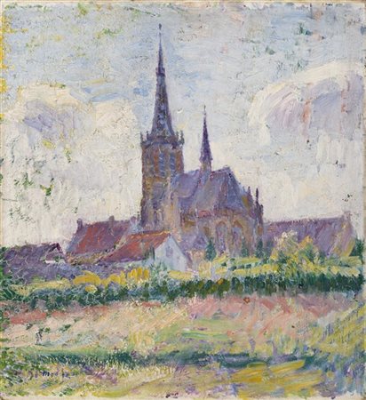 George Morren "Église d'Alsemberg" 
olio su tavola (cm 37,5x34,5)
Firmato in bas