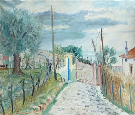 Adriano di Spilimbergo "Scorcio di paese con mare sullo sfondo" '39
olio su tela