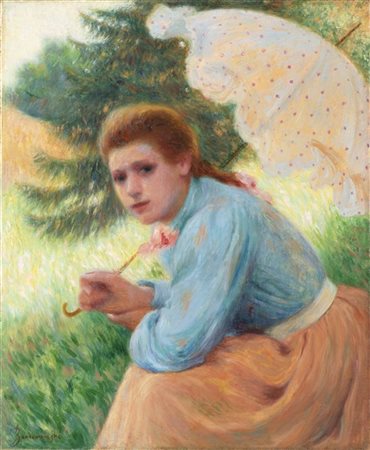 Federico Zandomeneghi "Femme à l'ombrelle (L'ombrellino a pois)" 
olio su tela (