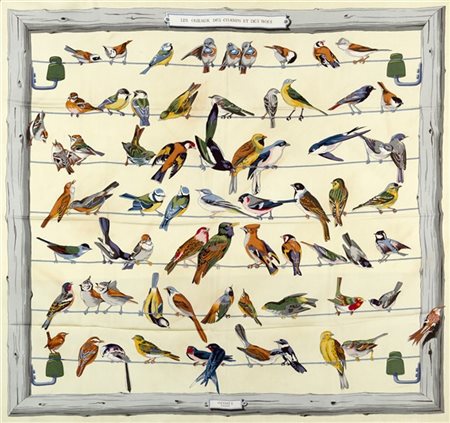 HERMÈS 
Foulard in seta "les Oiseaux des Champs et des Bois", Hugo Grygkar 1954