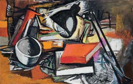 Renato Guttuso Bagheria (Pa) 1912 - Roma 1987 Scrivania e libri, 1962 Olio su...