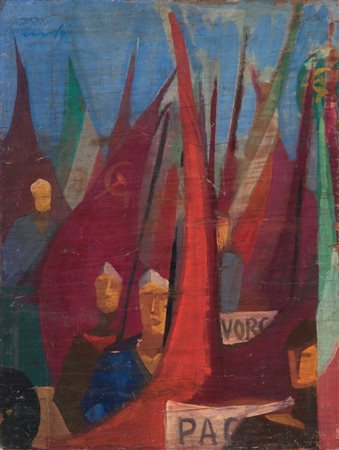 Mario Mafai Roma 1902 - 1965 Il corteo con bandiere, 1950 Olio su tavola, cm....