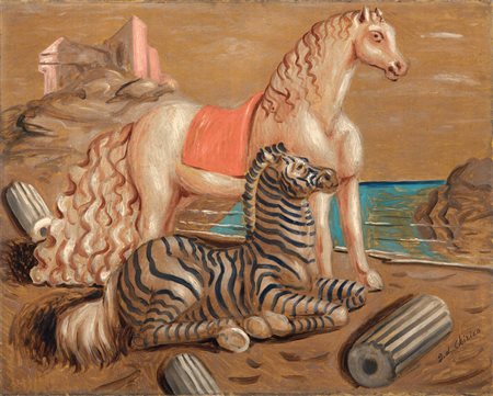 Giorgio de Chirico Volos 1888 - Roma 1978 Cavallo e zebra in riva al mare,...