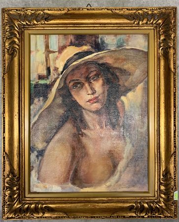 Ignoto del XX secolo "Ritratto femminile" olio su cartone telato (cm 40x30) In