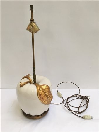 Lampada da tavolo in ceramica bianca a forma di mela con foglie dorate (h. cm 2