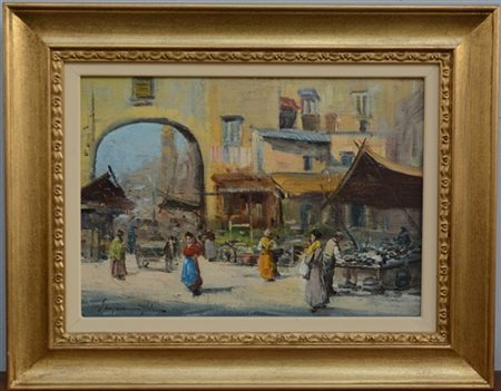 Giuseppe Scognamiglio "Il mercato" olio su cartone telato (cm 25x35) Firmato in