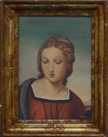 Copia da Raffaello "Madonna del Cardellino" olio su carta (cm 26x18.5) Firmato