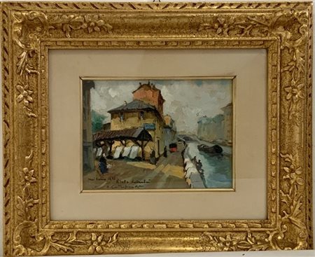 Cirano Castelfranchi "Vicolo lavandaie" olio su compensato (cm 16x21) Firmato, t