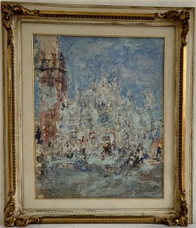 Luigi Mantovani "Il Duomo di Monza" olio su cartoncino (cm 50x40) Firmato in bas