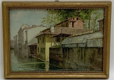 Carlo Savorgnani "Naviglio" olio su cartone telato (cm 24x35) Firmato in basso a