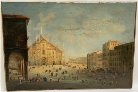 Ignoto del XIX Secolo "Piazza del Duomo" olio su tela (cm 69x102) (difetti) Bib