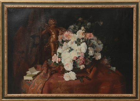 Eloi Noel Beraud (Bouvard) "Composizione con fiori e putto" 1899, olio su tela (