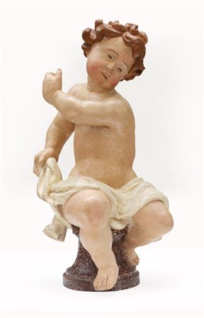 Arte del secolo XVIII "Putto" scultura in legno intagliato e laccato poggiante