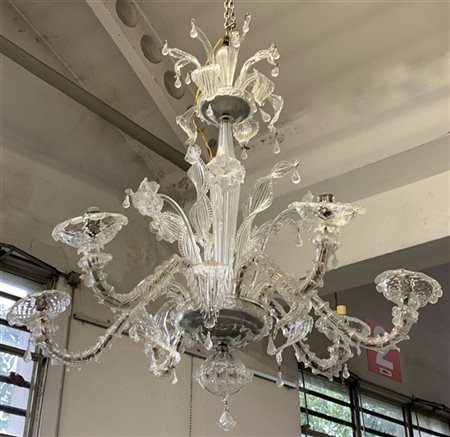 Manifattura di Murano, lampadario a sei luci in vetro incolore decorato a fogli