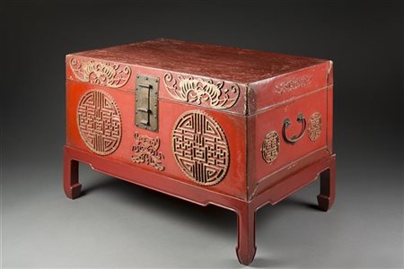 Baule con montatura in ottone, decorato in rilievo e laccato rosso
Cina, sec. X