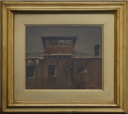 Ignoto "Tetti con neve a Venezia" 1871, olio su tela (cm 20.5x24.5) Siglato, ti