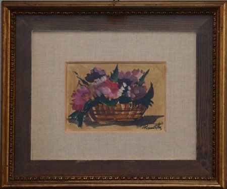 Aldo Pezzenati "Cesto di fiori" acquerello su carta (cm 11x16,5) firmato in bass