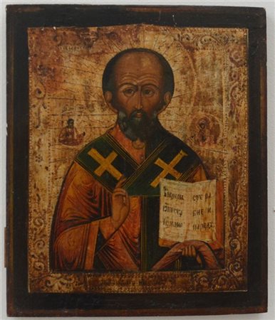 Icona ad olio su tavola raffigurante San Nicola (cm 31x26) Russia, secolo XIX (