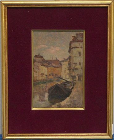 Achille Cattaneo "Barcone sul Naviglio" olio su tavola (cm 17x11.5) Firmato in b