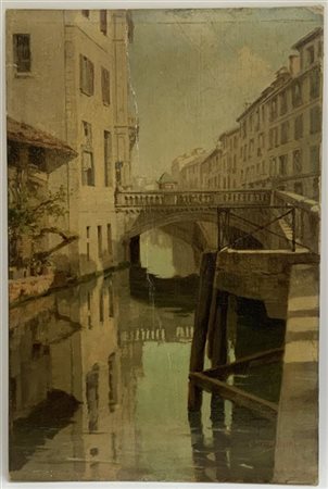 Carlo Savorgnani "Ponte sul Naviglio" olio su cartone telato (cm 35.5x23.5) Firm