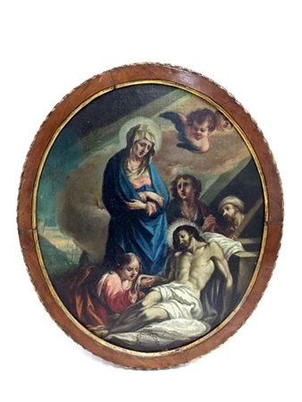 Scuola del secolo XVIII "Compianto sul Cristo morto" olio su tela ovale (cm 49x