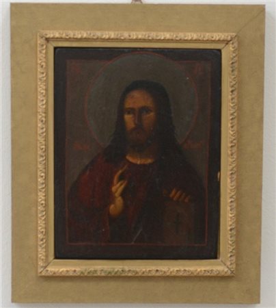 Icona ad olio su tavola raffigurante Cristo Pantocratore (cm 17,5x14) Russia, s