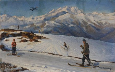 Vico Sormani "Sui campi di sci (Mottarone - Monte Rosa) " olio su cartone telat