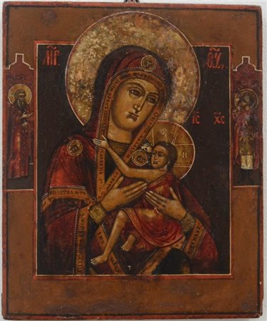 Icona ad olio su tavola raffigurante Madonna con Bambino (cm 26,5x22) Russia, s