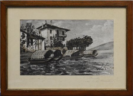 Sametti De Legnan "Barche all'Isola pescatori" tecnica mista su carta (cm 16.5x2