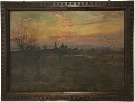 Alfonso Monfardini "Crepuscolo - Panorama di Mantova" olio su compensato (cm 110