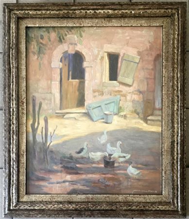 Marcel Hess "Cortile" olio su cartone pressato (cm 60x50) Firmato in basso a des