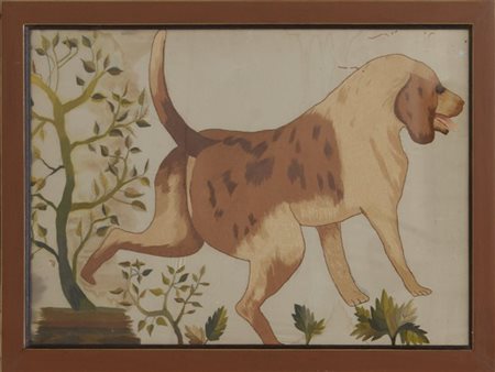 Ricamo del secolo XIX raffigurante un cane in un paesaggio. In cornice (cm 47x5